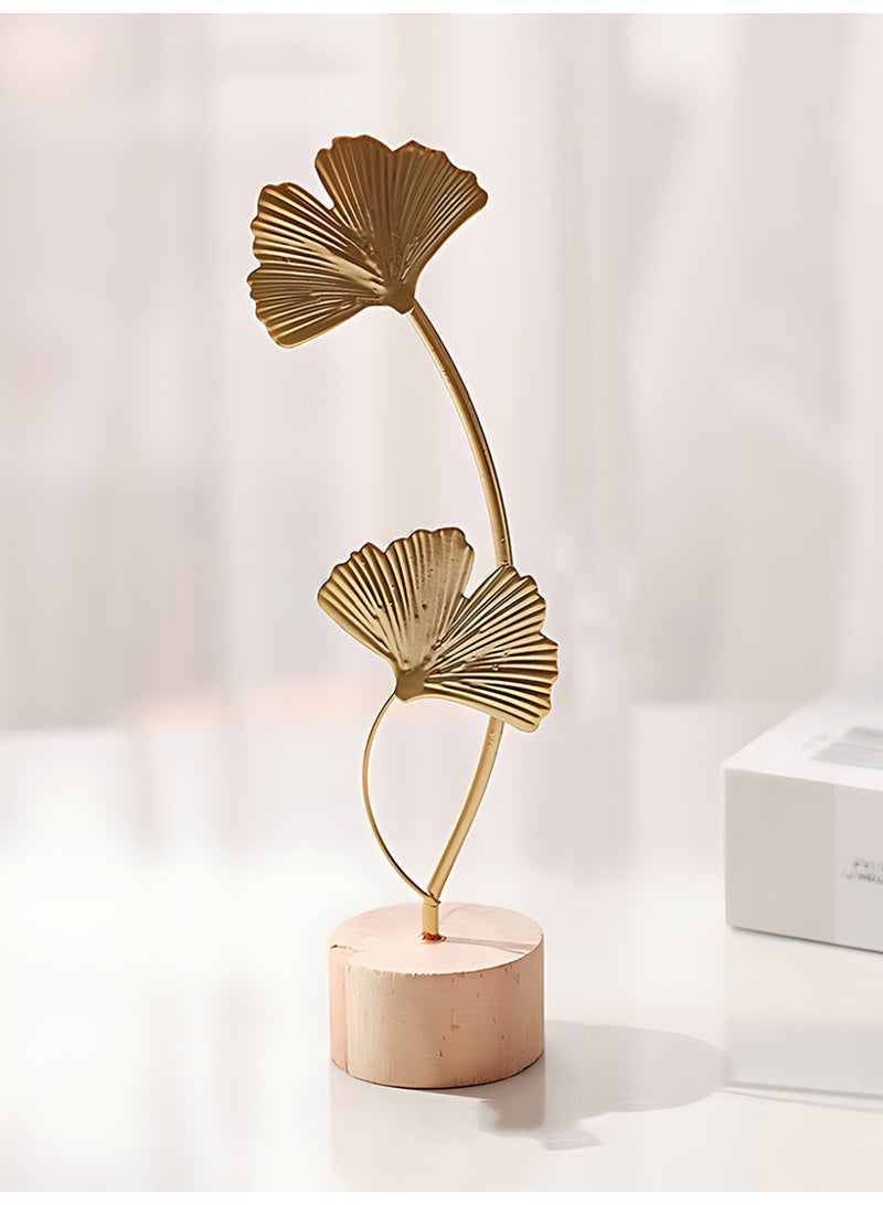 CLAVON Gold-colored metal leaf decorative ornament with a wooden base, in a modern Nordic style, suitable for home and office desk decoration (Ginkgo leaf design). - Image 4